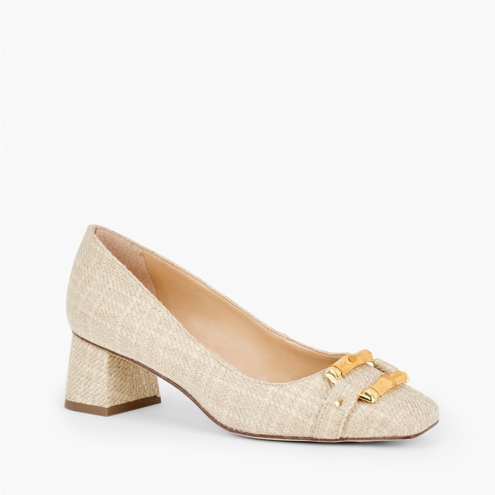 Talbots Carlyle Linen Bamboo Buckle Block Heel Pumps Size 8